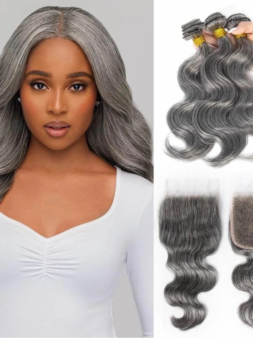 Grey Body Wave Human Hair Bundles with Closure - 3 bundles of Natural Grey